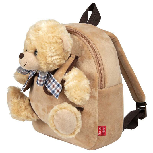 Mochila beige con peluche de oso Belly y lazo de cuadros - 2