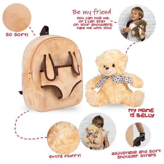 Mochila beige con peluche de oso Belly y lazo de cuadros - 4