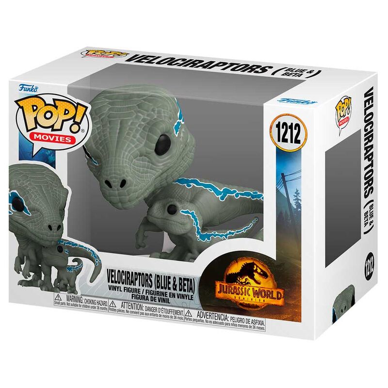 Figura Funko POP! de los velociraptores Blue y Beta en caja con ventana