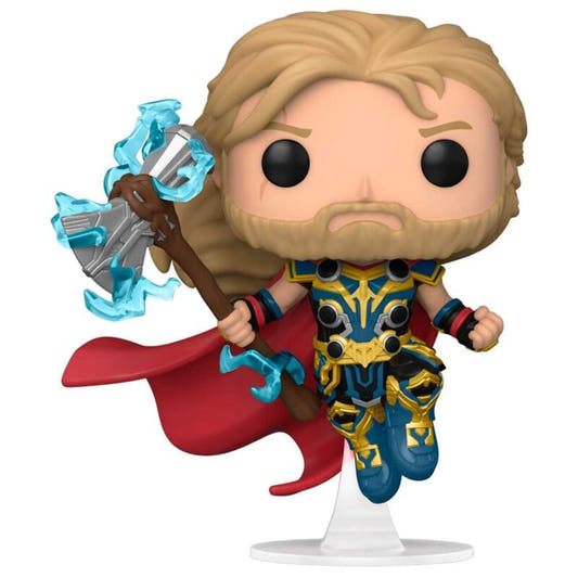 Figura Funko POP! de Thor con armadura azul y dorada, capa roja y efectos azules