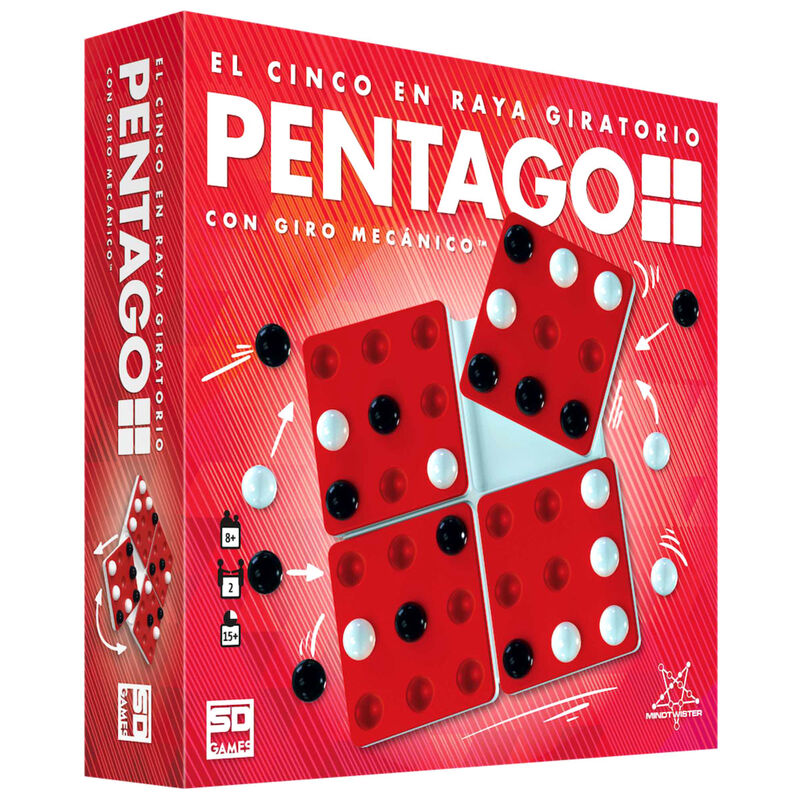 Caja del juego de mesa Pentago con tablero giratorio y canicas blancas y negras