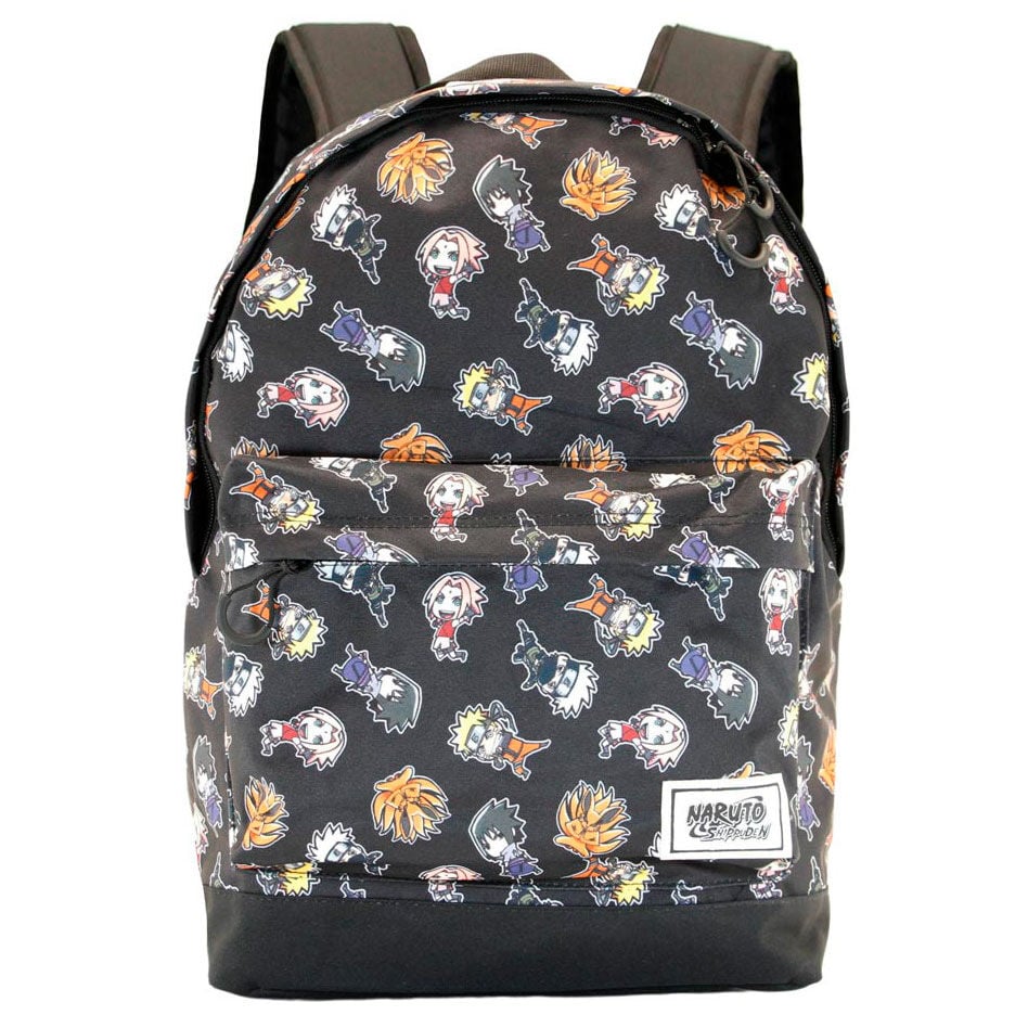 Mochila negra Naruto Shippuden Wind con estampado de personajes y bolsillo frontal