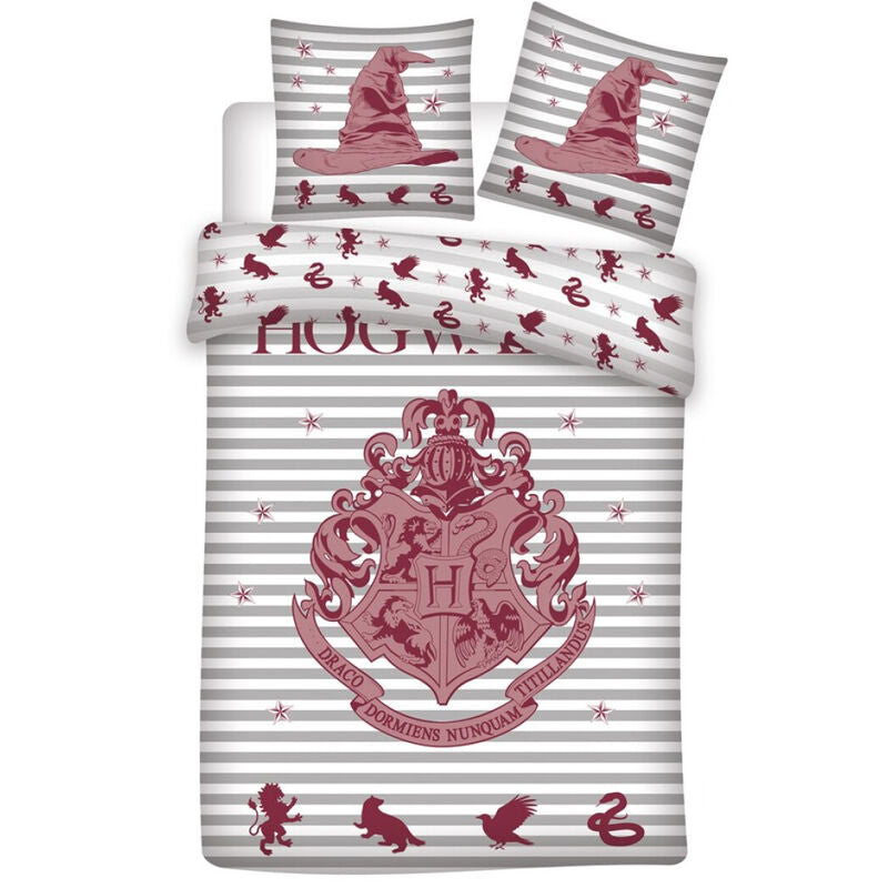 Funda nórdica Harry Potter con escudo de Hogwarts y rayas grises