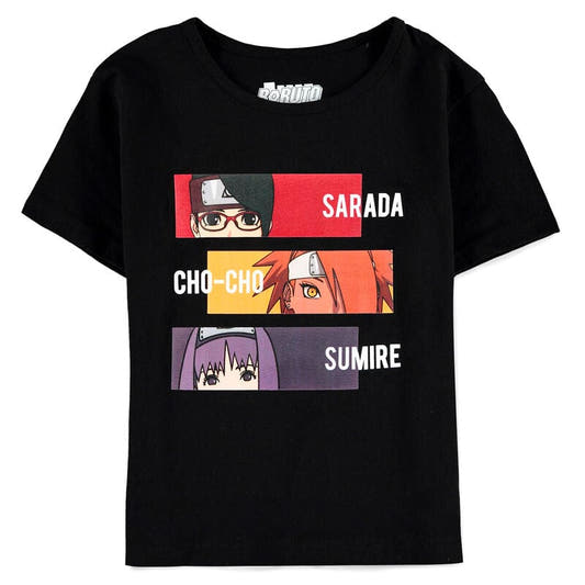 Camiseta infantil negra de Boruto con Sarada, Cho-Cho y Sumire
