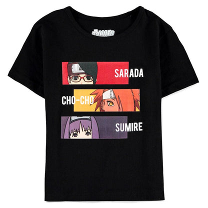 Camiseta infantil negra de Boruto con Sarada, Cho-Cho y Sumire