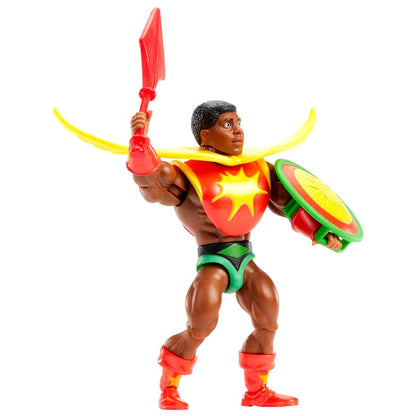 Figura articulada Sun-Man de Masters of the Universe Origins con espada y escudo
