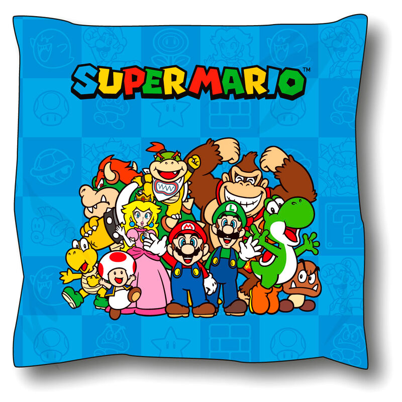 Cojín azul de Super Mario Bros con Mario y otros personajes