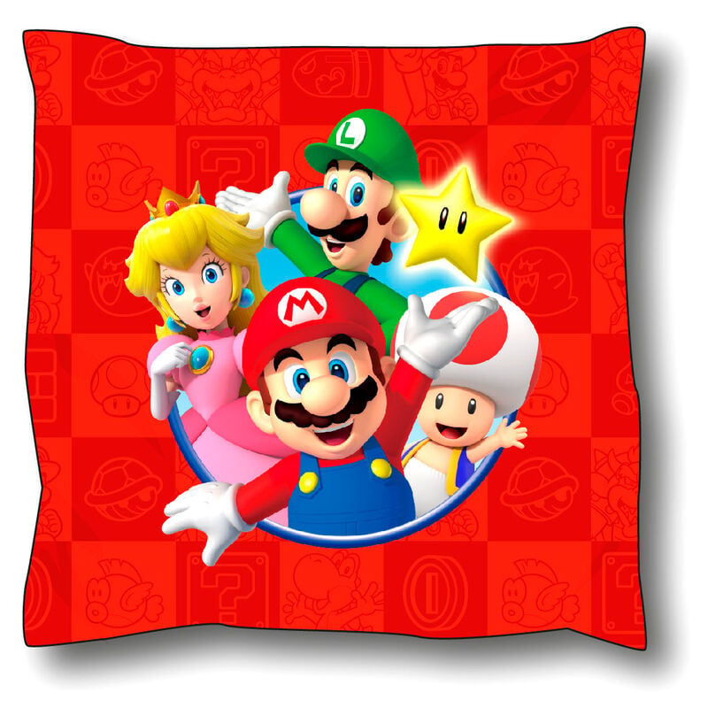 Cojín rojo de Super Mario Bros con Mario, Luigi, Peach, Toad y una Super Star
