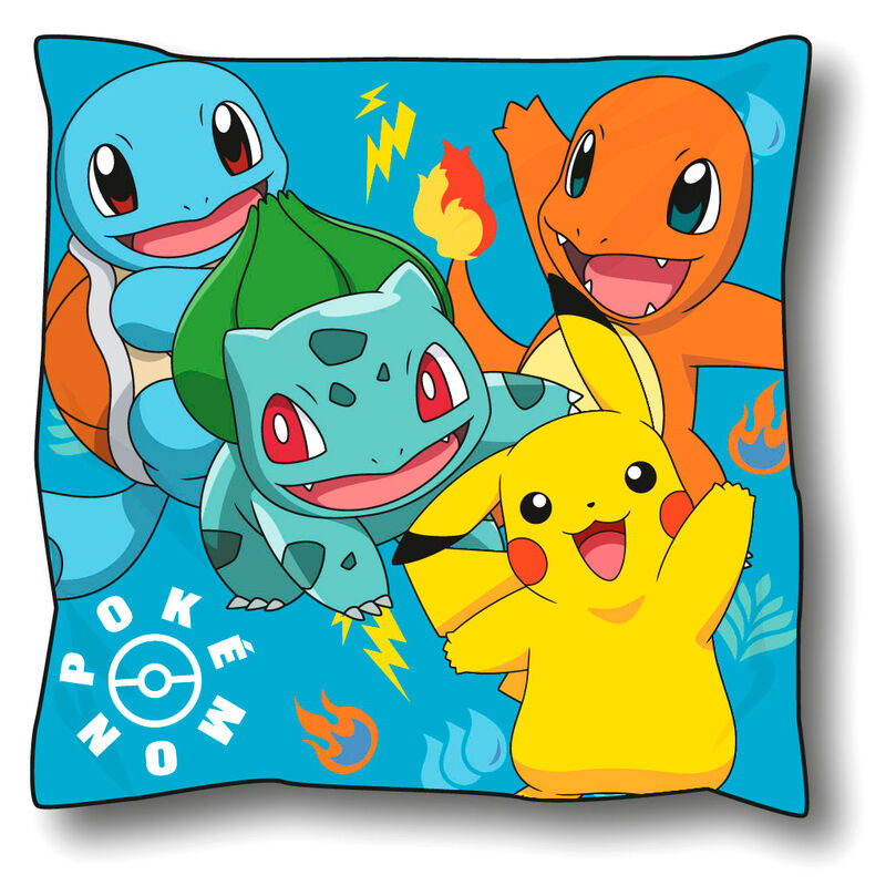 Cojín Pokémon azul con Pikachu, Squirtle, Bulbasaur y Charmander