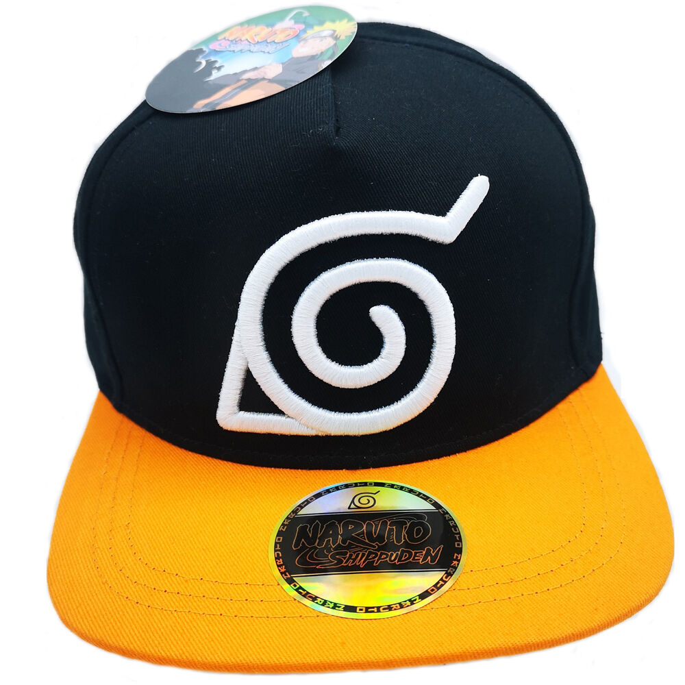 Gorra Naruto Junior negra con visera naranja y símbolo espiral blanco