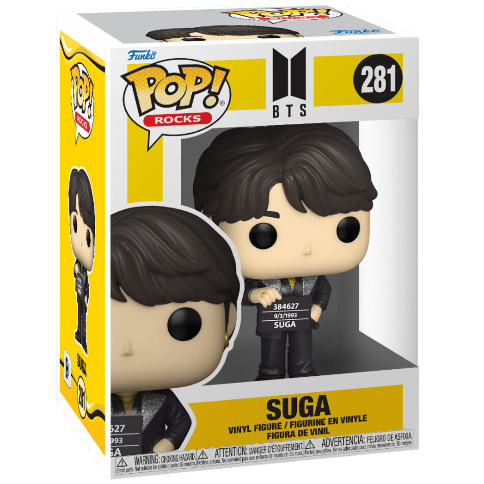Figura Funko POP! de Suga de BTS con traje negro y placa con su nombre - 3