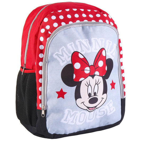 Mochila roja de Minnie Disney con lunares blancos y bolsillo frontal