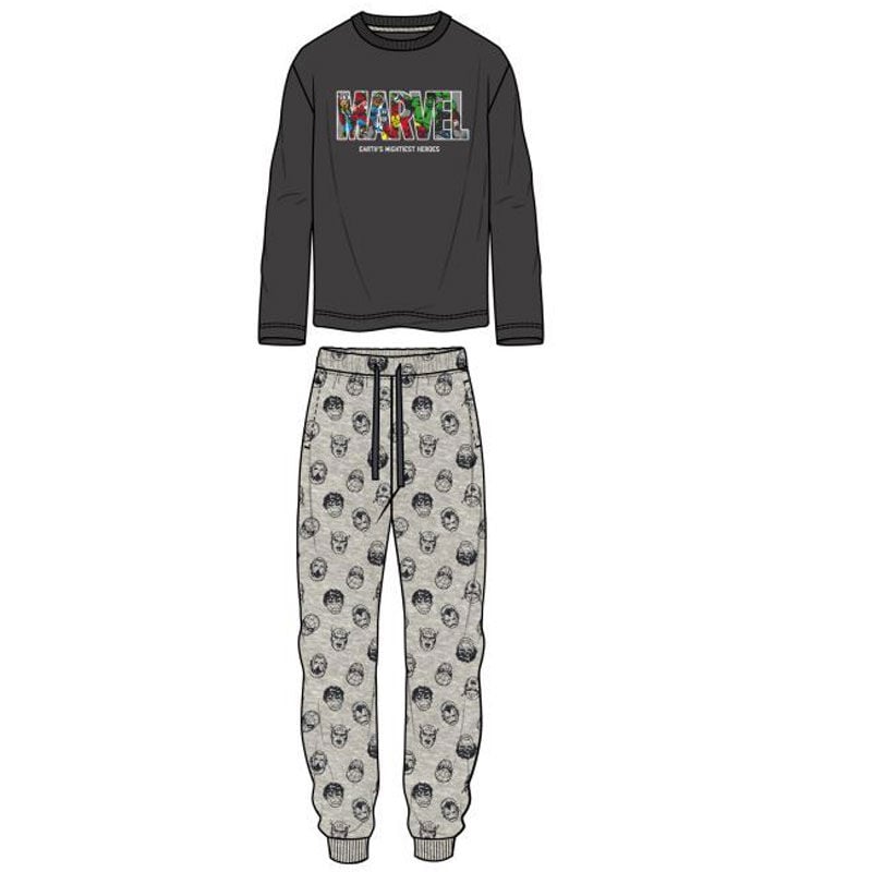 Pijama Marvel Avengers de manga larga con camiseta negra y pantalón gris estampado