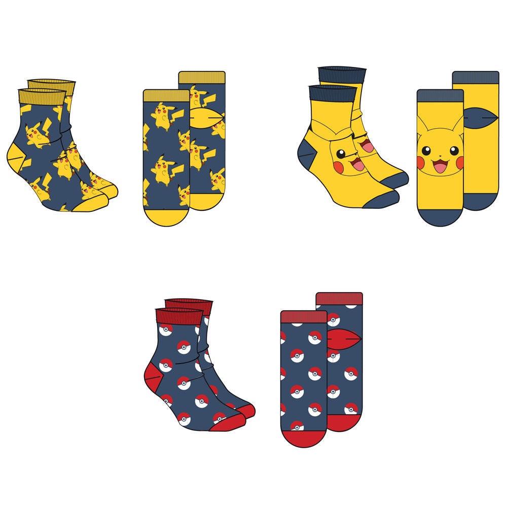 Set de tres pares de calcetines Pokémon con diseños de Pikachu y Poké Balls - 2