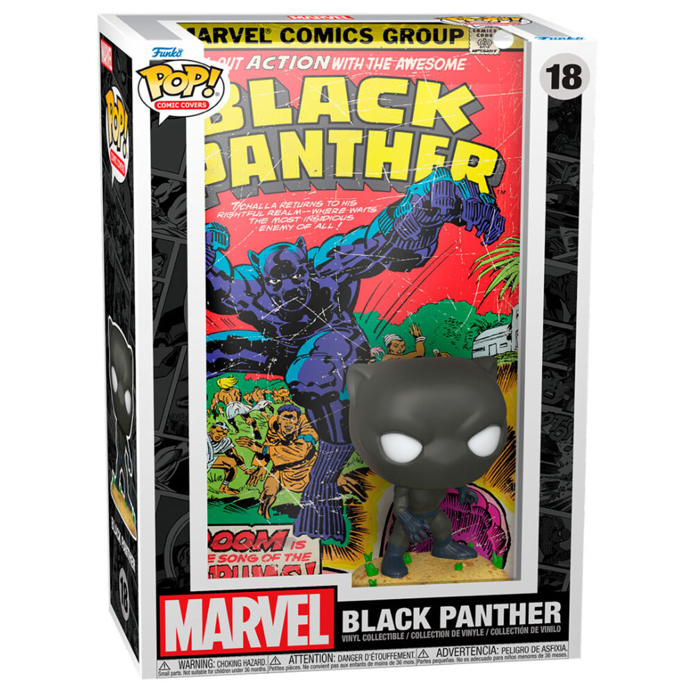Figura Funko POP Comic Cover de Black Panther en expositor con fondo de cómic - 4