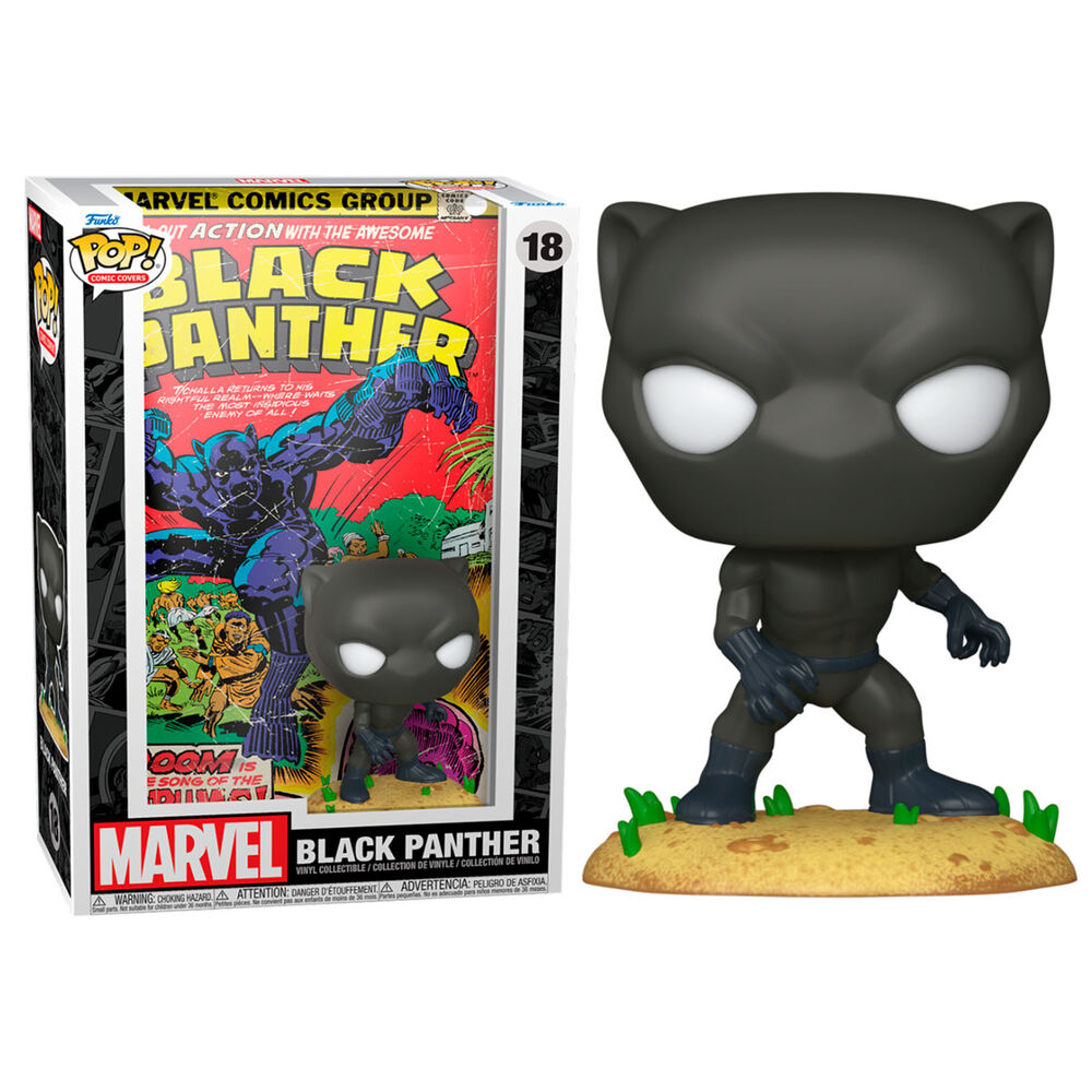 Figura Funko POP Comic Cover de Black Panther en expositor con fondo de cómic - 2
