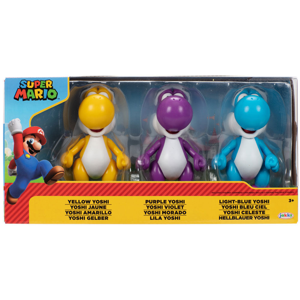 Blíster con tres figuras Yoshi de Super Mario Bros en amarillo, morado y azul claro
