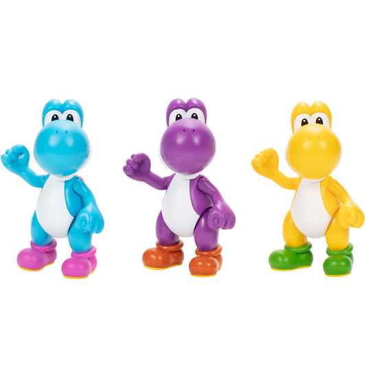 Blíster con tres figuras Yoshi de Super Mario Bros en amarillo, morado y azul claro - 3
