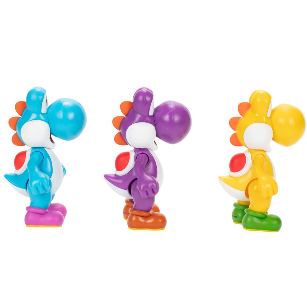 Blíster con tres figuras Yoshi de Super Mario Bros en amarillo, morado y azul claro - 4