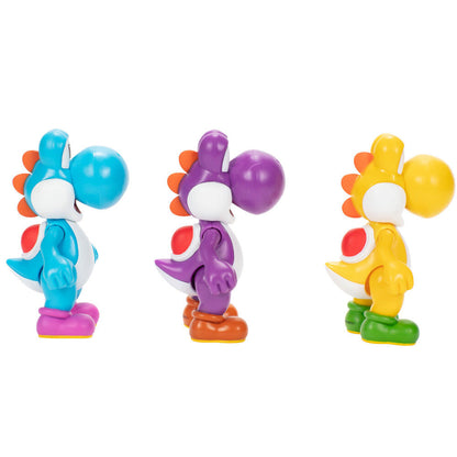 Blíster con tres figuras Yoshi de Super Mario Bros en amarillo, morado y azul claro - 4