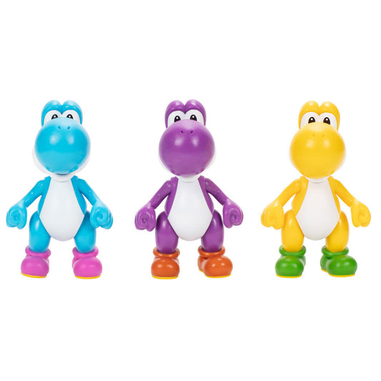 Blíster con tres figuras Yoshi de Super Mario Bros en amarillo, morado y azul claro - 5