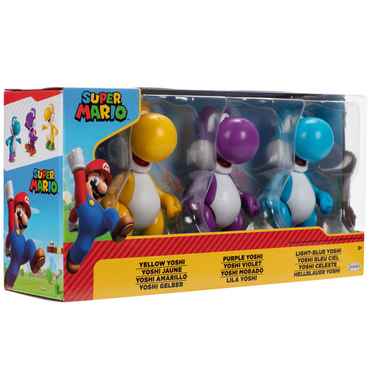 Blíster con tres figuras Yoshi de Super Mario Bros en amarillo, morado y azul claro - 2