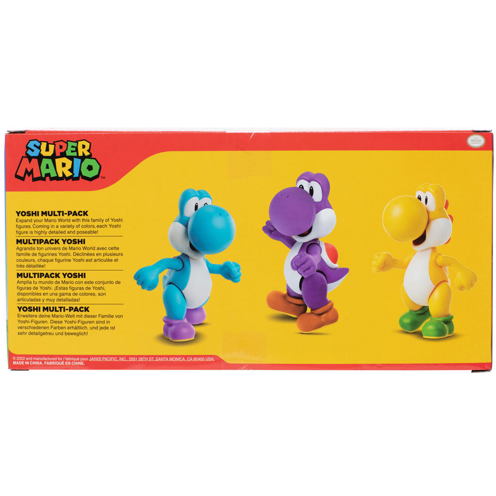 Blíster con tres figuras Yoshi de Super Mario Bros en amarillo, morado y azul claro - 6