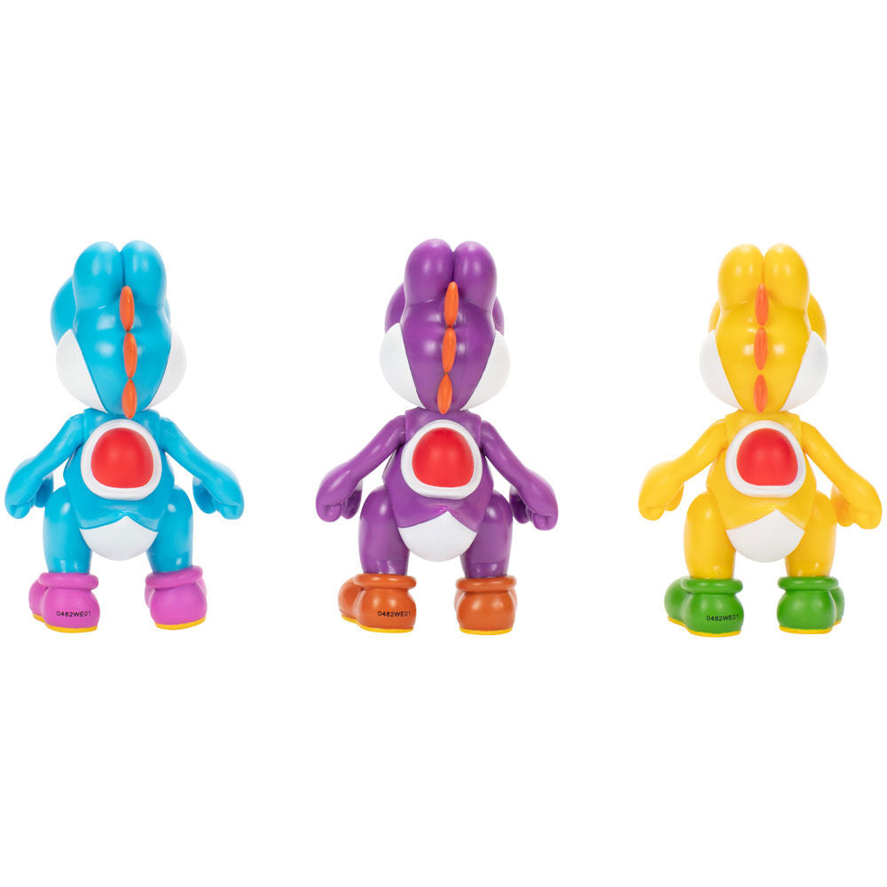 Blíster con tres figuras Yoshi de Super Mario Bros en amarillo, morado y azul claro - 7