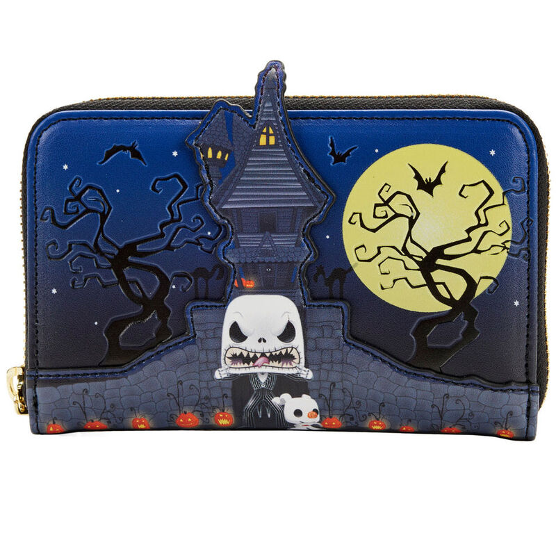 Cartera Loungefly de Jack Skellington con casa encantada, luna y calabazas