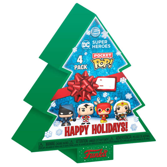 Pack FUNKO Pocket POP! DC Super Heroes de 4 figuras con presentación navideña en forma de árbol