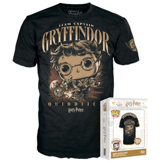 Camiseta negra Funko de Harry Potter y Gryffindor con diseño de Quidditch