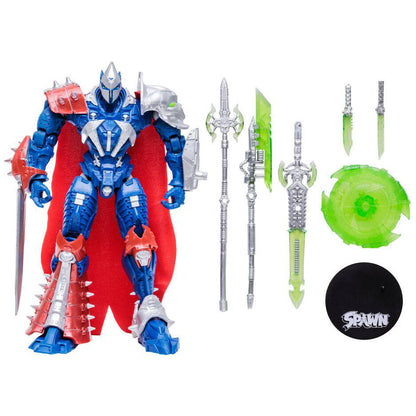 Figura articulada Spawn Designer Edition con armadura azul y roja, capa y escudo verde - 3