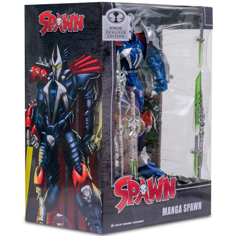 Figura articulada Spawn Designer Edition con armadura azul y roja, capa y escudo verde - 6