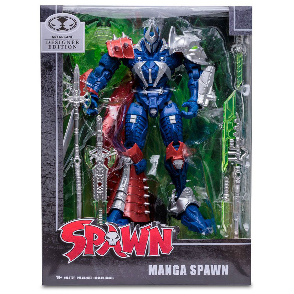Figura articulada Spawn Designer Edition con armadura azul y roja, capa y escudo verde - 2