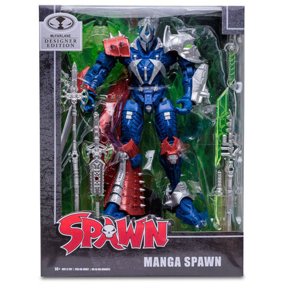 Figura articulada Spawn Designer Edition con armadura azul y roja, capa y escudo verde - 2
