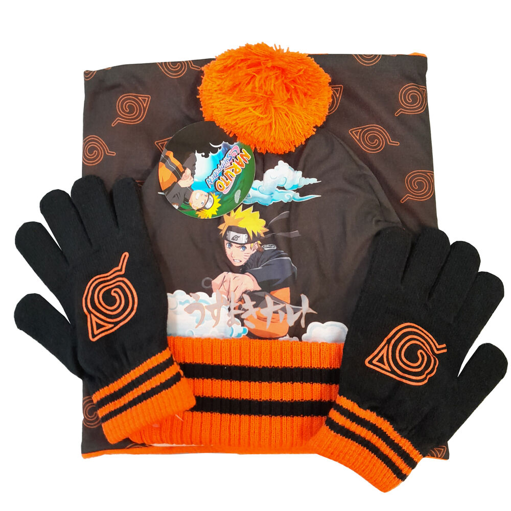 Set de invierno Naruto PIERROT con gorro, braga de cuello y guantes negros y naranjas