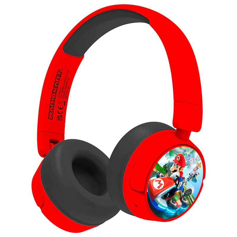 Auriculares infantiles inalámbricos rojos y negros de Mario Kart