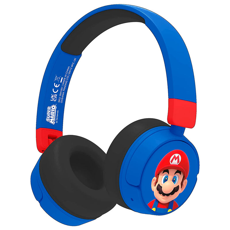 Auriculares infantiles inalámbricos Super Mario Bros azules con diseño de Mario