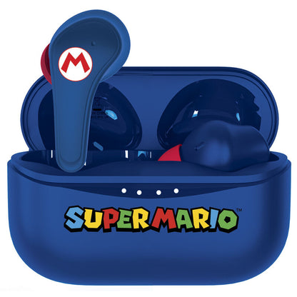 Auriculares inalámbricos azules de Super Mario con estuche de carga