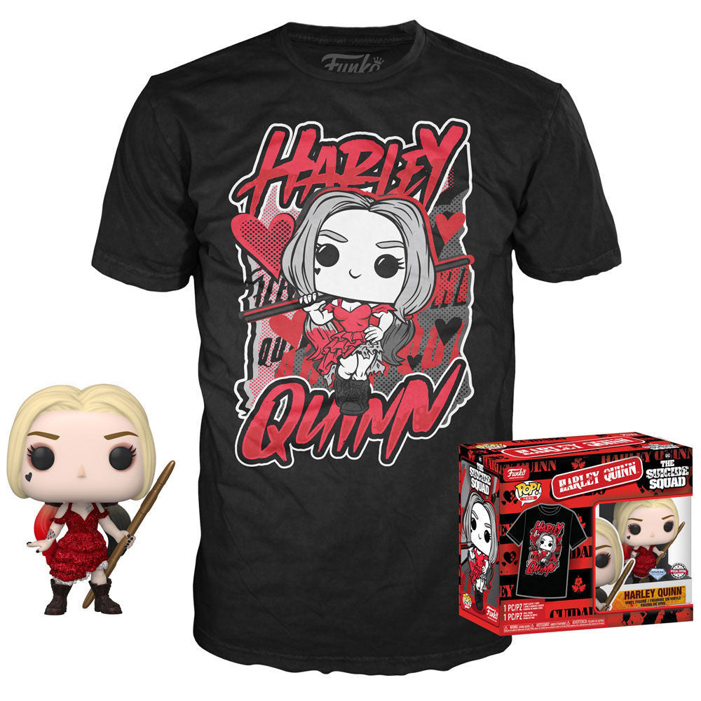 Set FUNKO POP de Harley Quinn con camiseta negra y figura exclusiva