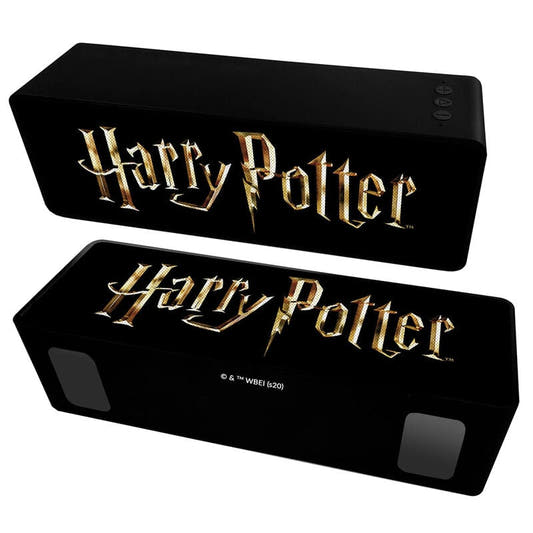 Altavoz portátil negro Harry Potter con logotipo dorado