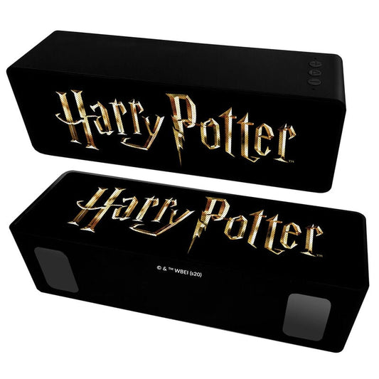 Altavoz portátil negro Harry Potter con logotipo dorado