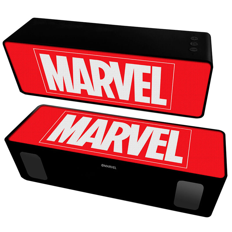 Altavoz inalámbrico Marvel negro y rojo con logotipo frontal