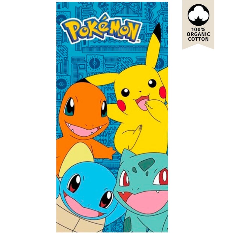 Toalla Pokémon azul con Pikachu, Charmander, Squirtle y Bulbasaur