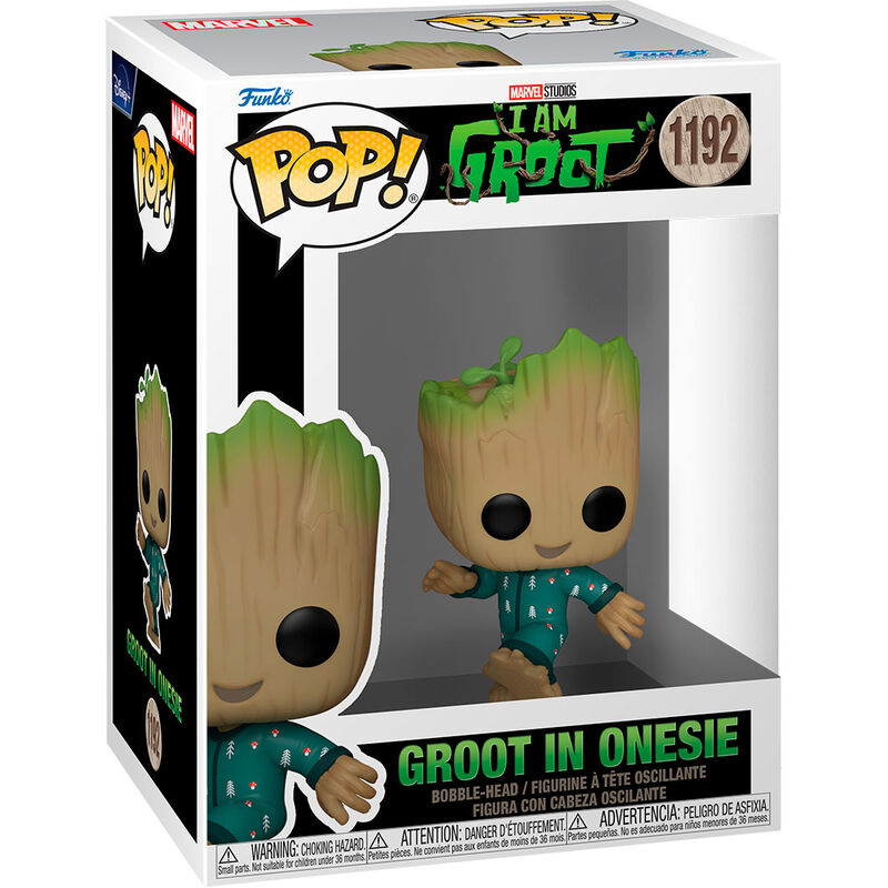 Figura Funko POP! Marvel de Groot con mono verde en caja con ventana