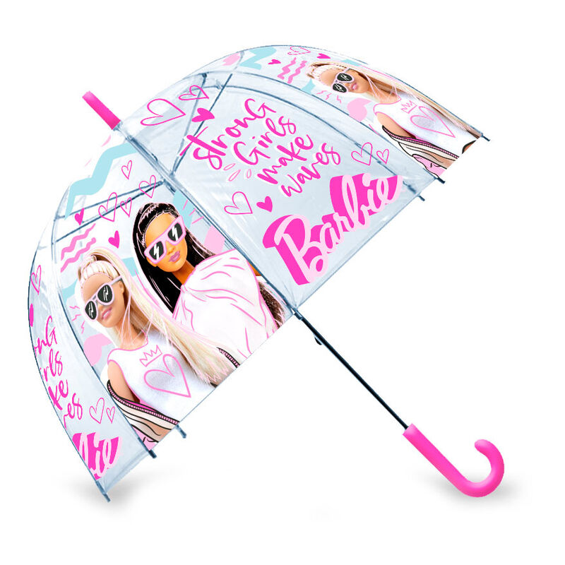 Paraguas manual Barbie transparente con estampado rosa y mango curvado