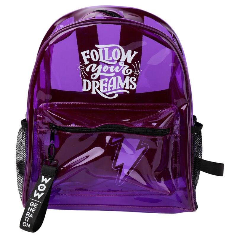 Mochila morada WOW Generation con bolsillo frontal y mensaje Follow Your Dreams