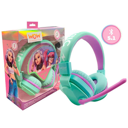 Auriculares inalámbricos WOW GENERATION en verde menta y morado con micrófono