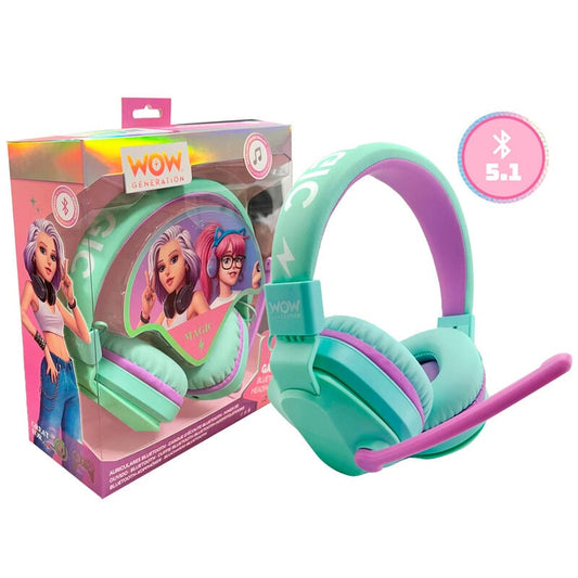 Auriculares inalámbricos WOW GENERATION en verde menta y morado con micrófono