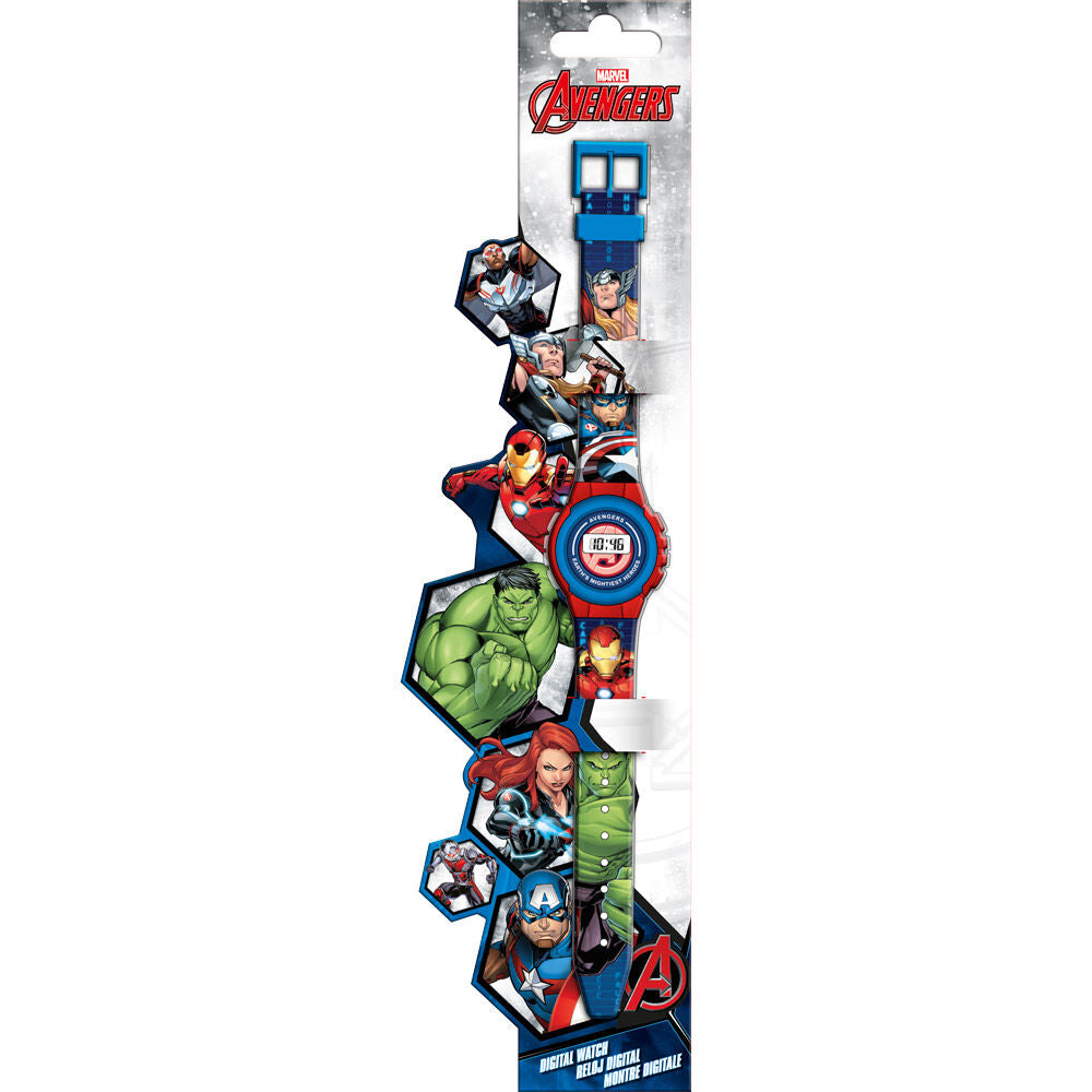Reloj digital Marvel Avengers rojo y azul con superhéroes